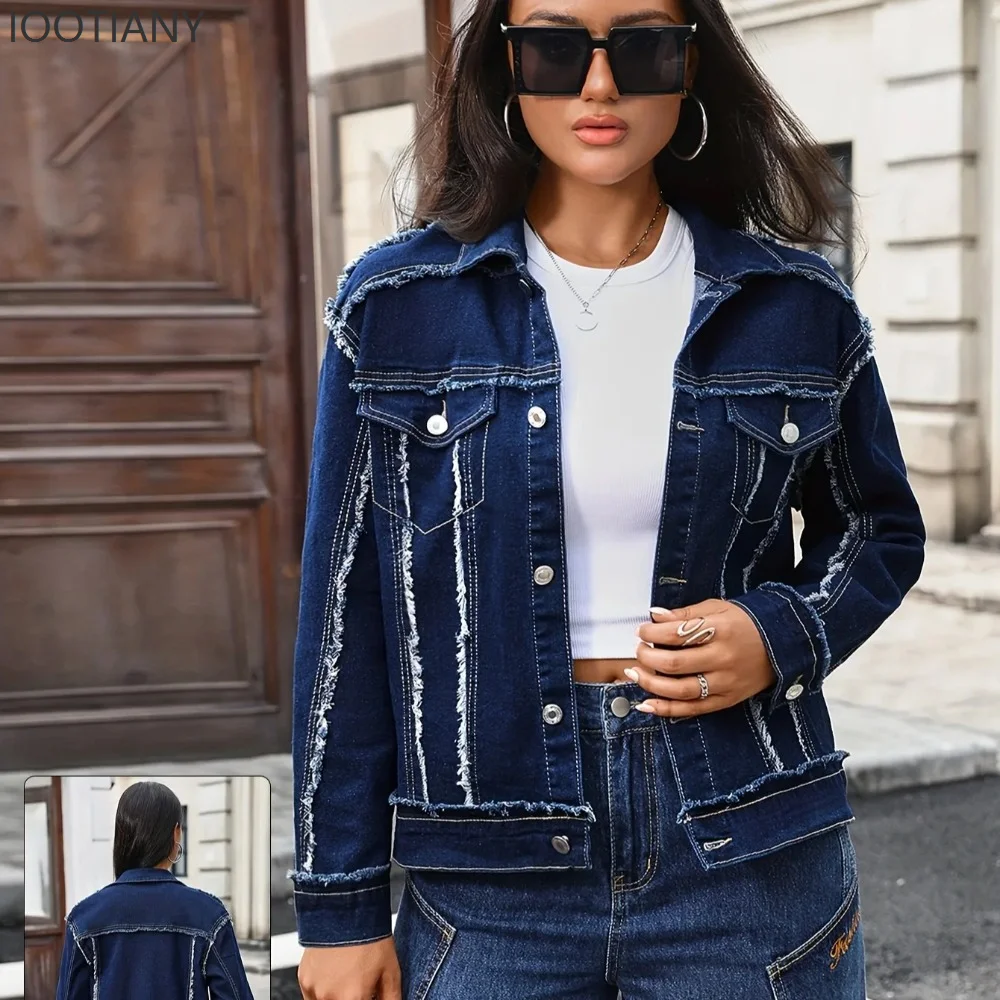 Denim Jackets Women Short Coat Vintage Distressed Washed Ragged Edge Overcoat Pockets Single Breasted Outerwear Streetwear 2026