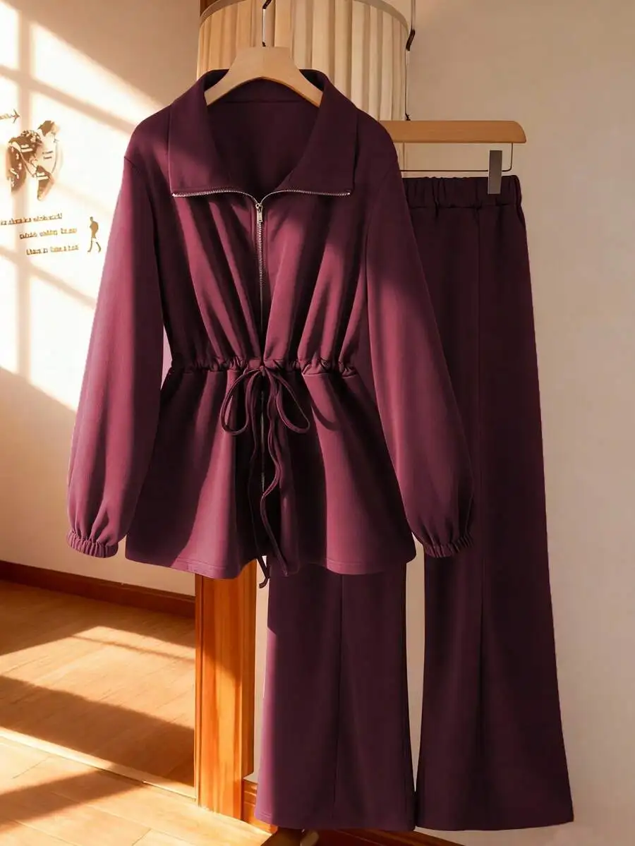 Women's Plum Purple High Collar Zip-Up Top & Wide Leg Pants 2-Piece Set