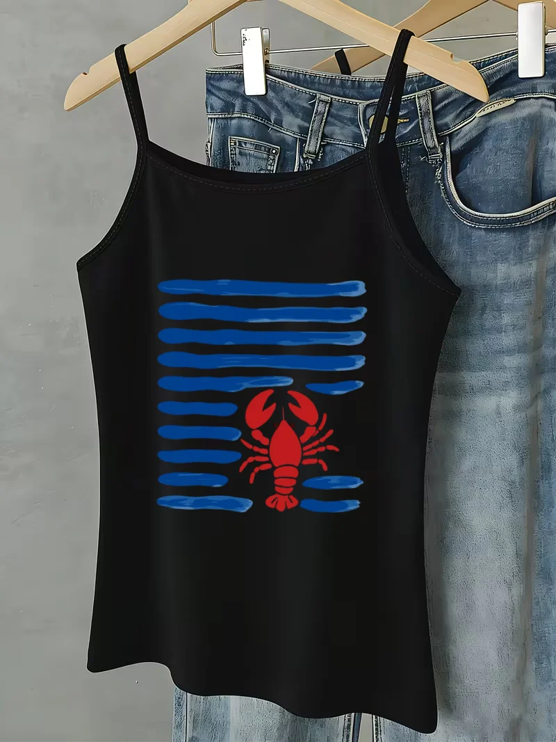 Coquette Women Tank Top Cute Red Lobster Blue Stripes Graphic Spaghetti Strap Camisole Fit Summer Beach Sleeveless Vest Shirt