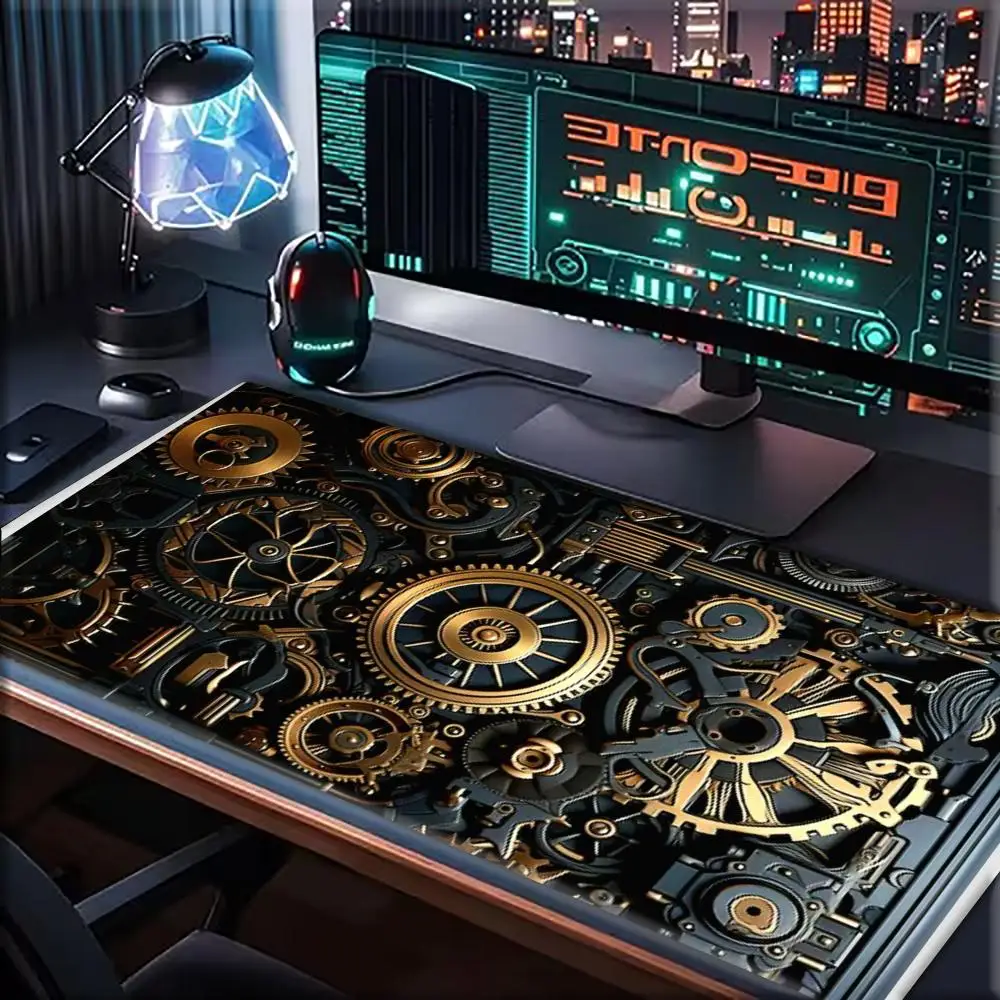 Large Gaming MousePad Desk Mat Keyboard Pad Black Gold Gear Steampunk Mechanical Clockwork Texture NonSlip E-Sports Gaming Setup
