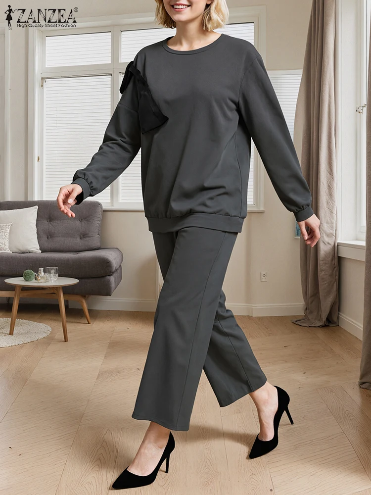 

Plus Size 5XL ZANZEA Sweatshirt Sets Women Pant Sets Fashion Bowtie Stitching Pullover Outfits Casual Wide Leg Long Pants Suit