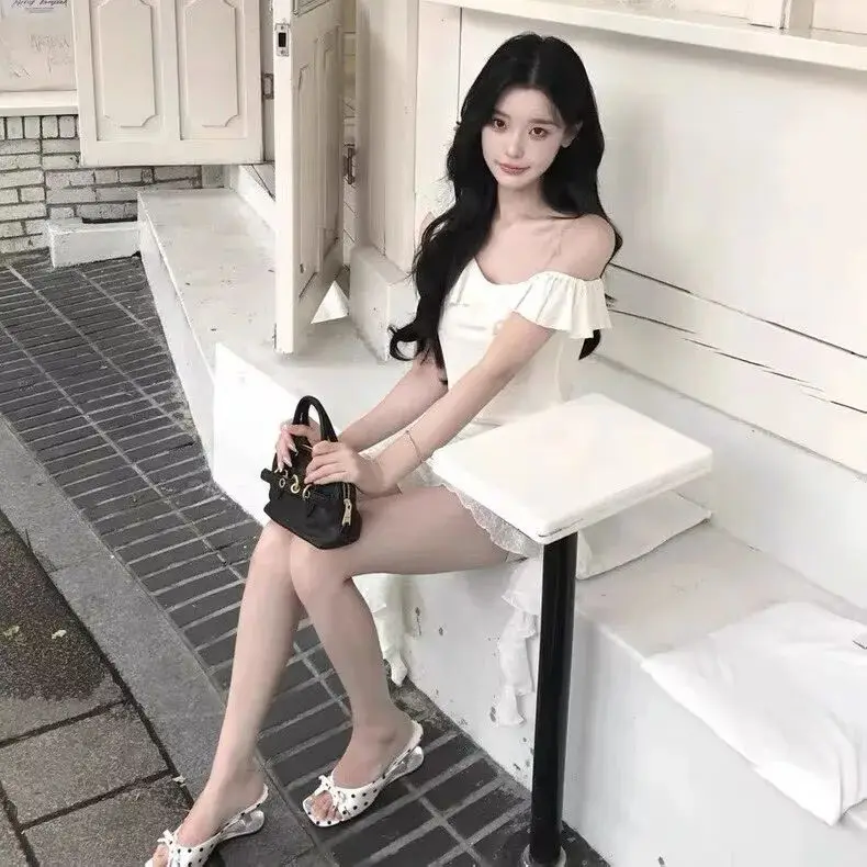 

Polka Dot Bow Slides for Women 2026 New Summer Square Toe High Heel Dress Shoes Open Toe Sandals Designer Strange Heel Pumps