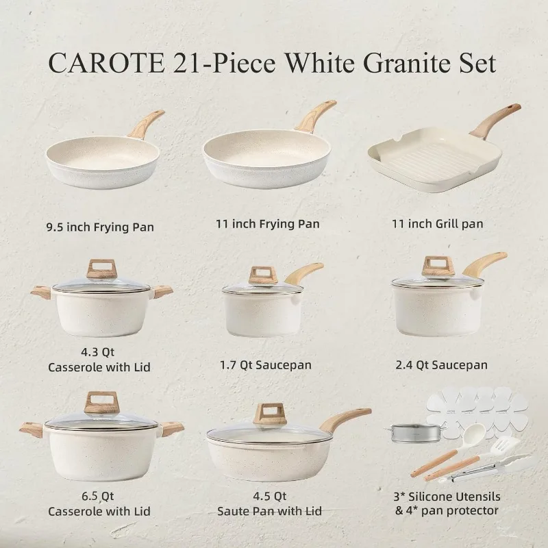 CAROTE 21pcs Pots and Pans Set Nonstick, Cookware Set White Granite Induction Kitchen Cooking Set (PFOS, PFOA Free)