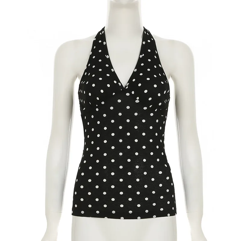 Czarny top na ramiączkach z nadrukiem w kropki, dekolt w serek, odkryte plecy, damskie topy typu tank top, ubrania Y2k, estetyka shoujo girl