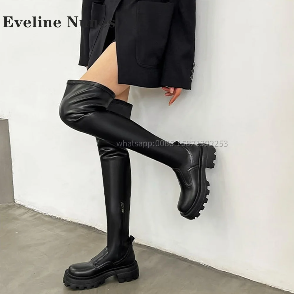 

Platform Black Patchwork Women Booty Round Toe Height Increasing Solid Sexy Over The Knee Boots Spicy Girl Concise Shoes Newest