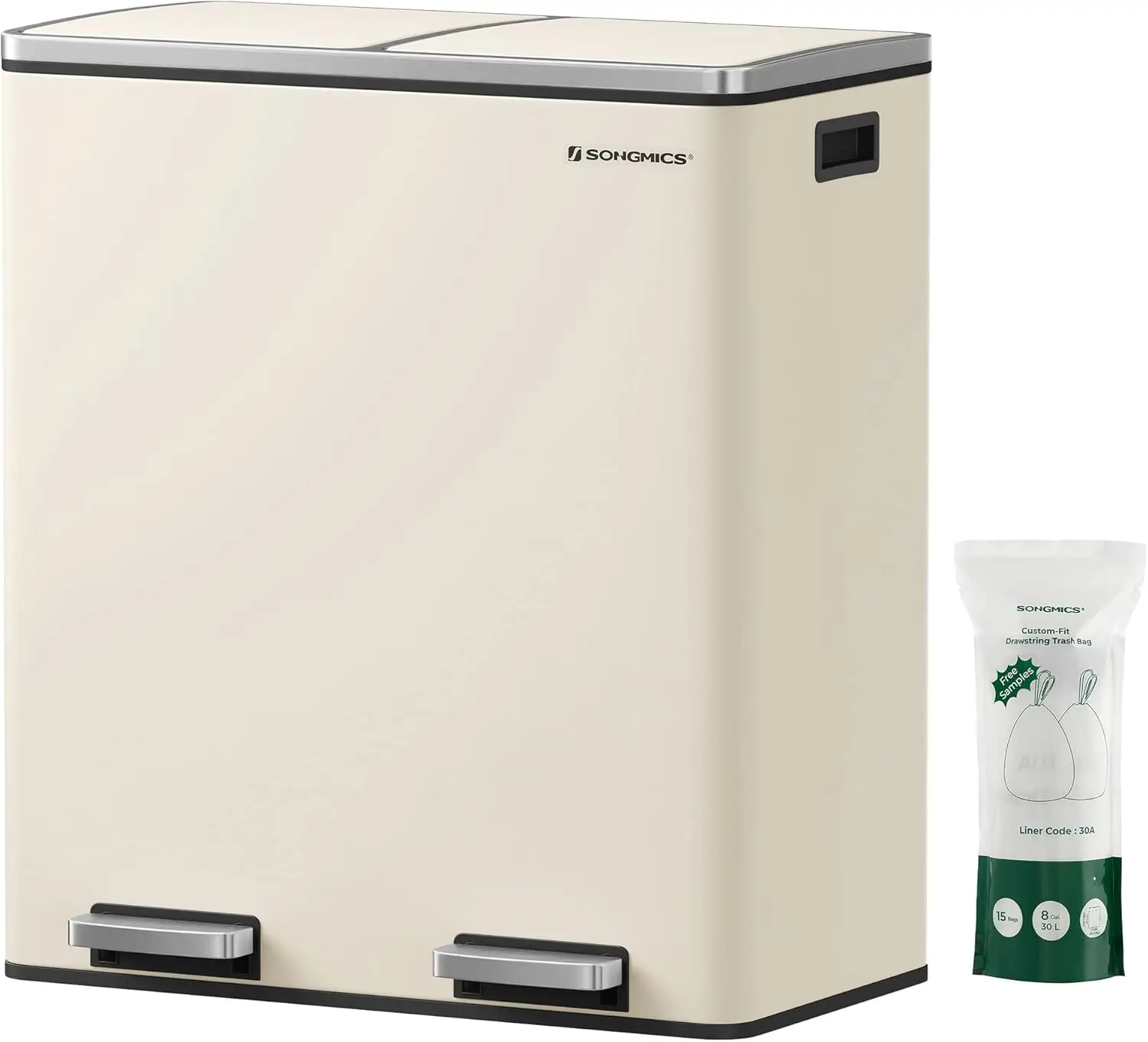 

Двухсекционная кухонная мусорная корзина с педалью, объемом 2 x 30 л, с герметичными крышками, в комплекте с мешками и съемными ведрами.