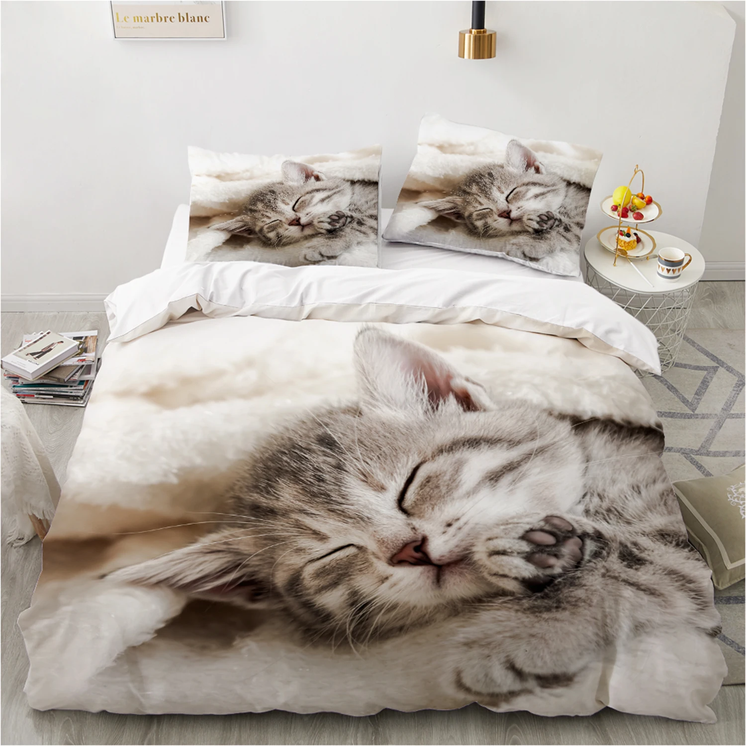 

Youth Kids Duvet Cover Set with Pillow Shams, Sleeping Cat Printed Bed Linen Set,Twin/Queen/King Bedding set 240x220 260x220