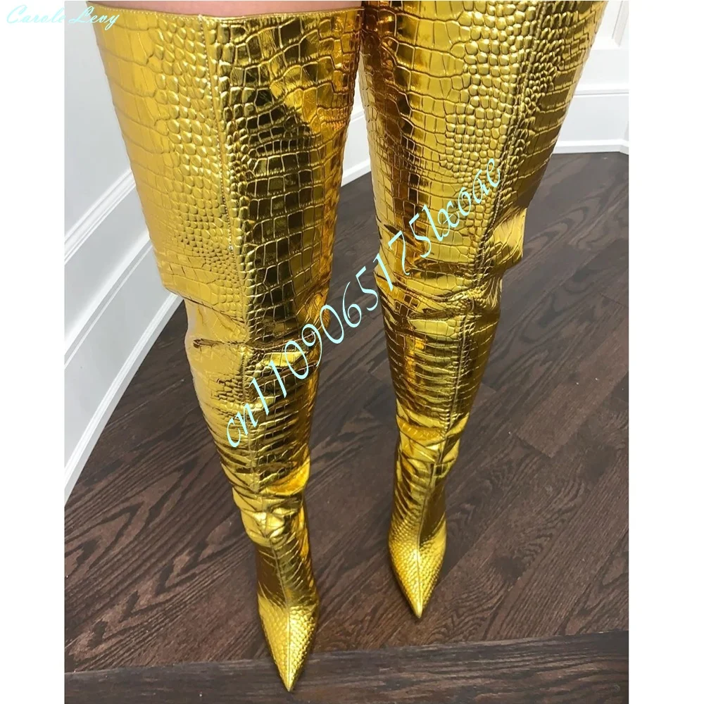 Metallic Gold Crocodile Print Over The Knee Boots Women Sharp Pointed Toe Thin Stiletto Heel Ruched Slouch Thigh High Club Boots