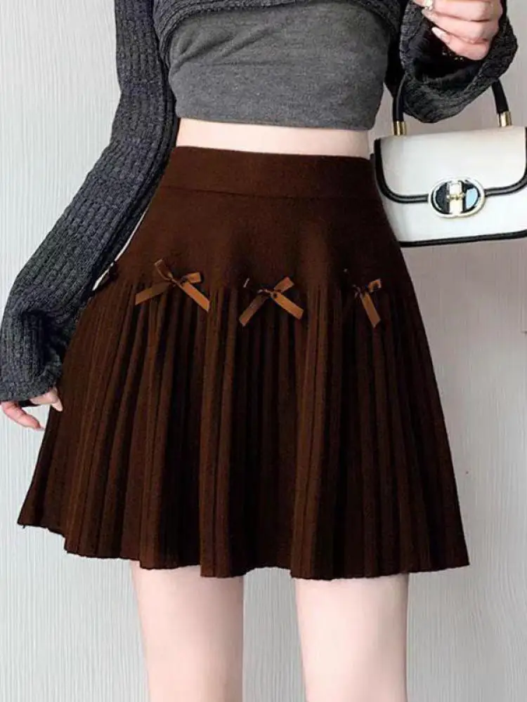 

French Women's Solid Bow Elegant Festival Short Skirt Autumn And Winter High Waist Office Lady Pleated Mini Skirt Popular Trendy