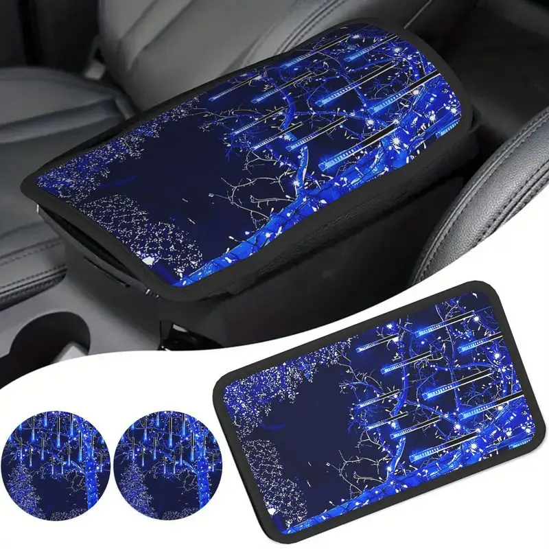 1Pc Car Armrest Cover + 2Pcs Cup Coasters Blue Meteor Tree Lights Print For Car Interior