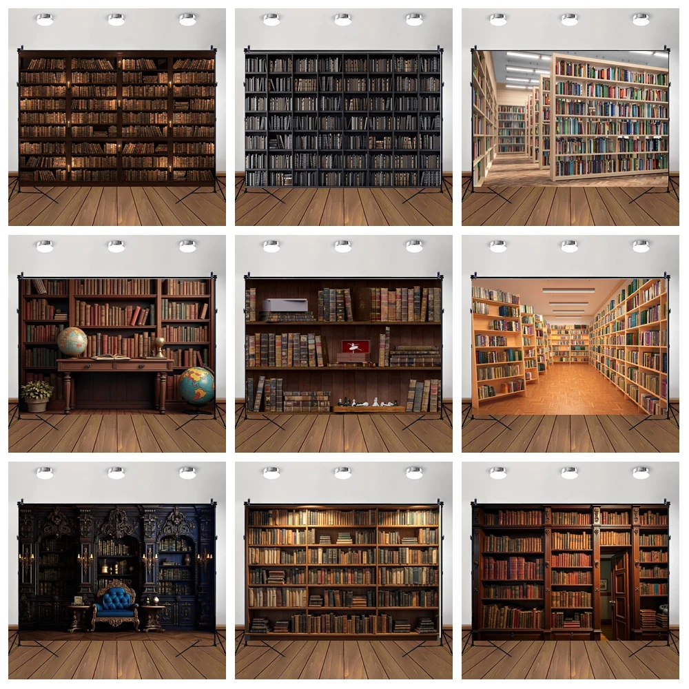 

MOON.QG Vintage Library Backdrop Chandeliers Globes Bookshelves Background Party Decorations Photocall Photo Studio Wallpaper