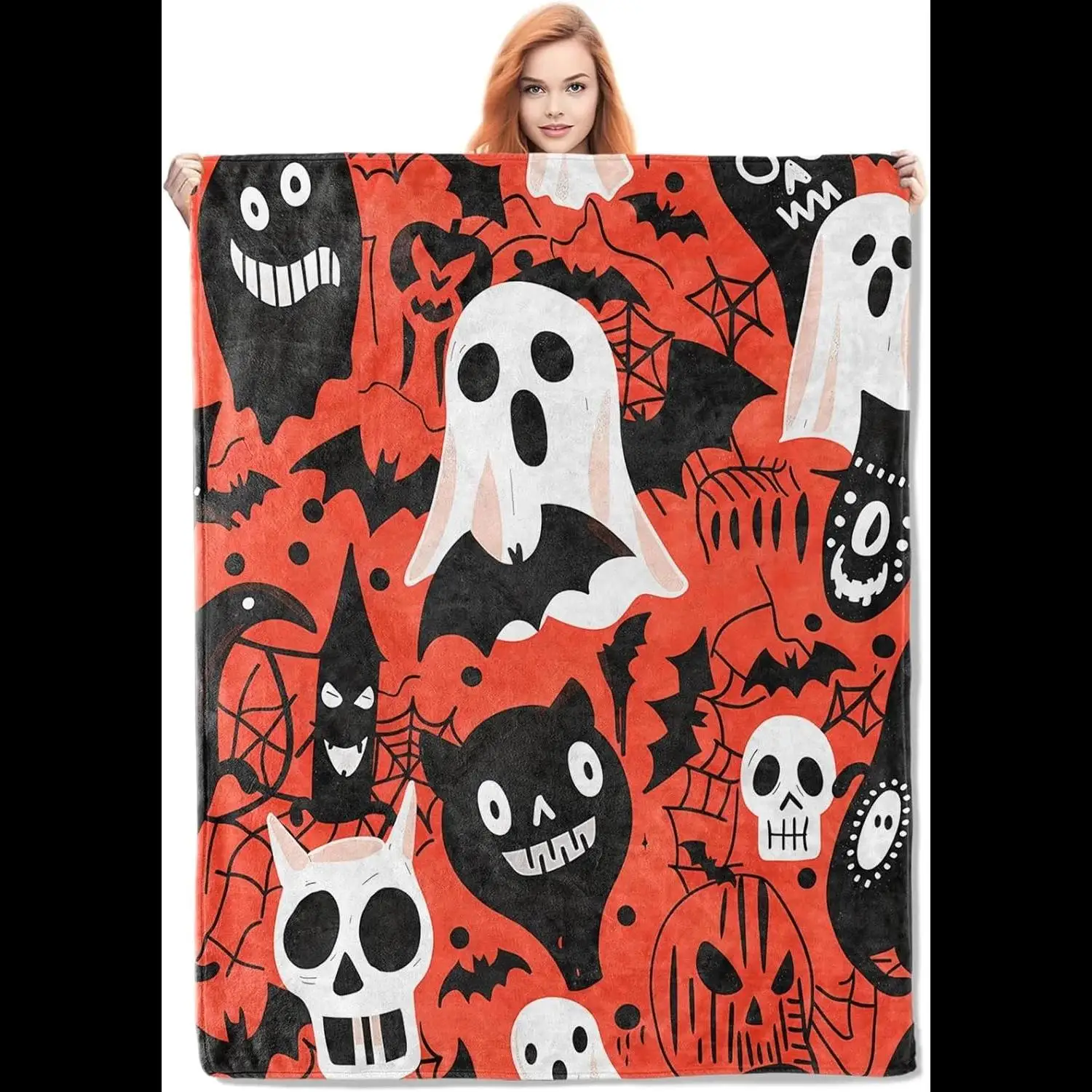 

Halloween Throw Blanket Black Cats Ghost Skull Bats Couch Bed Car Camping All Season Gift