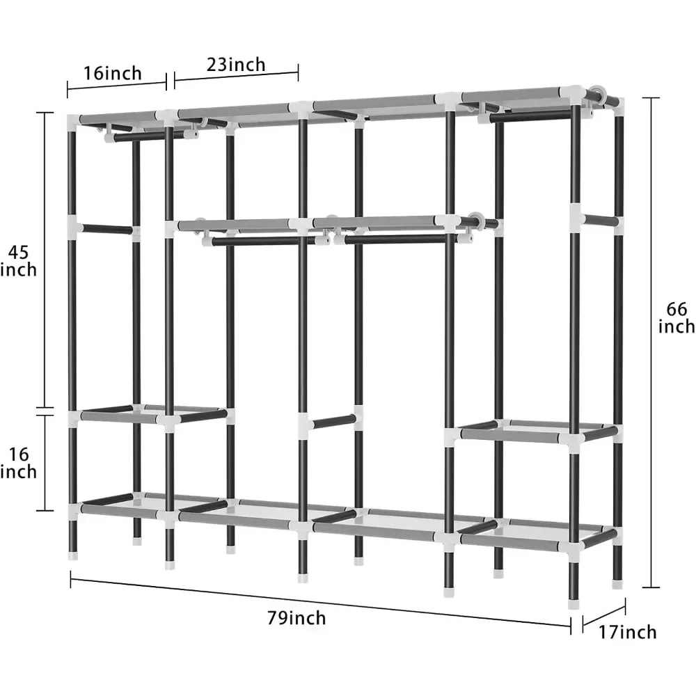옷걸이용 휴대용 옷장, 레일 4 개, 보관 랙 8 개, 조립 용이, 튼튼하고 내구성