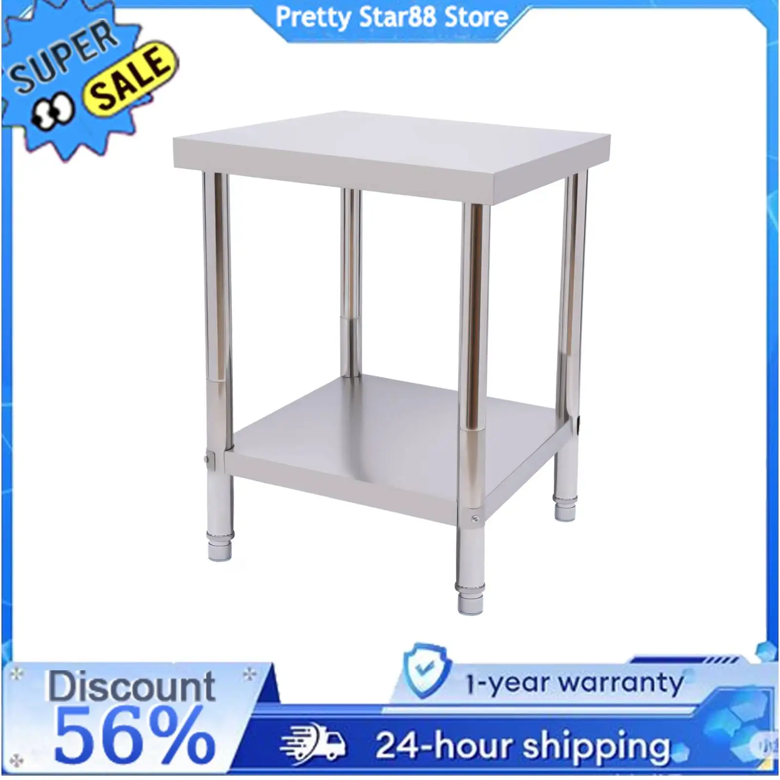 Mesa de Trabajo de Acero Inoxidable 60x45cm, Mesa de Cocina, Mesa de Acero Inoxidable para Hostelería, 2 Niveles, hasta 400KG, para Cortar, Cocinar y Trabajos en Madera