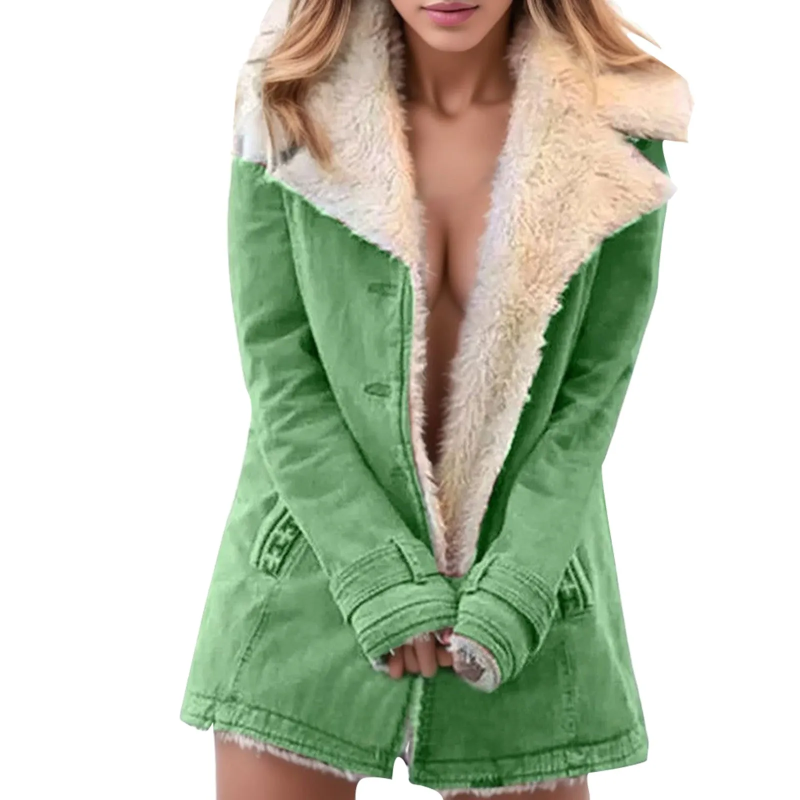 

Jacket Warm Women Outwearcoat Winter Lapels Plush Button Zipper Sweatshirt Vantage Green Oversized Blazer Velvet Fleece Top