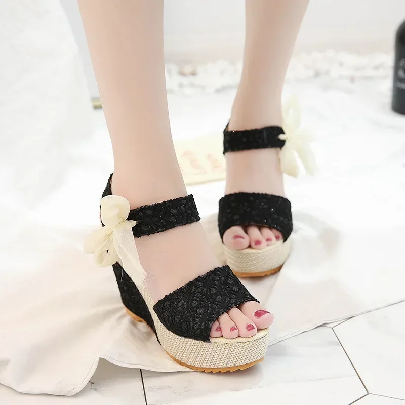 Hot Lace Leisure Women Wedges Heeled Women Shoes 2024 Summer Sandals Party Platform High Heels Shoes Woman