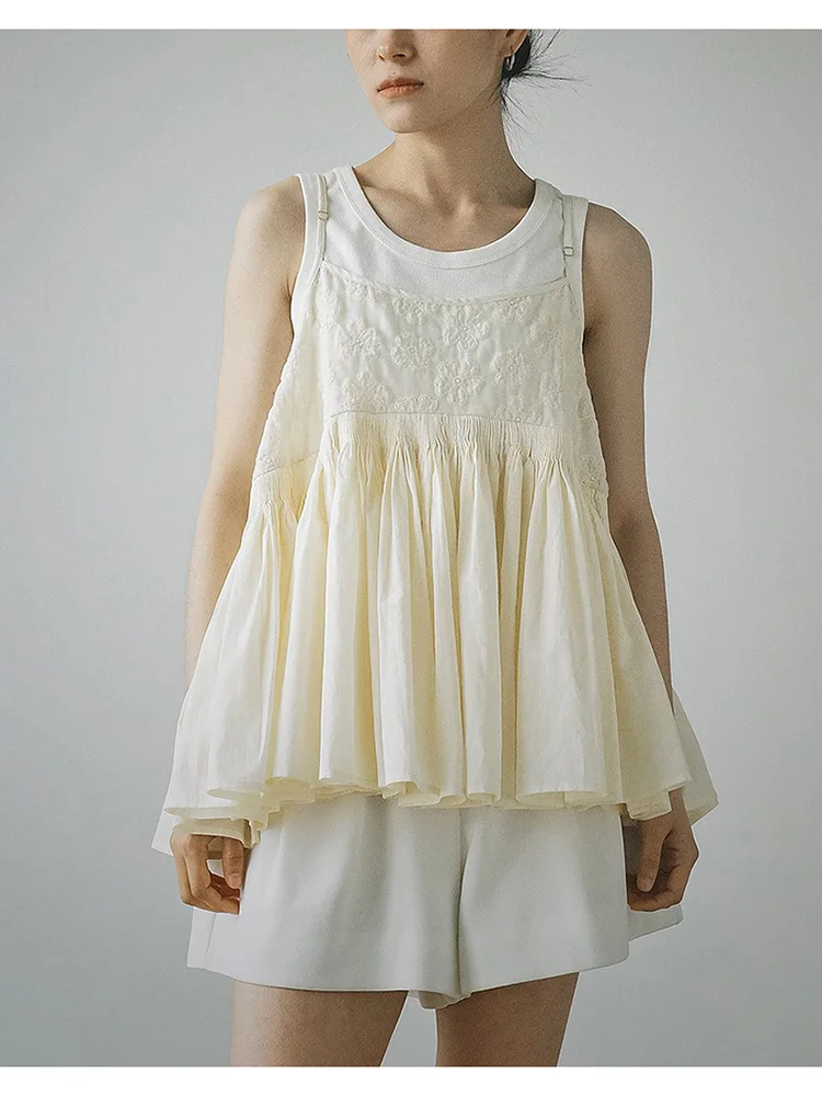 

Summer Cotton Embroidered Puff Sleeve Women's Dress Vintage Style round Neck Gown with Belt Loose Fit Casual Chic Style