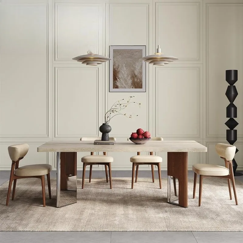 

Travertine slate dining table and chairs Solid wood family villa medieval style hanging rectangular dining table