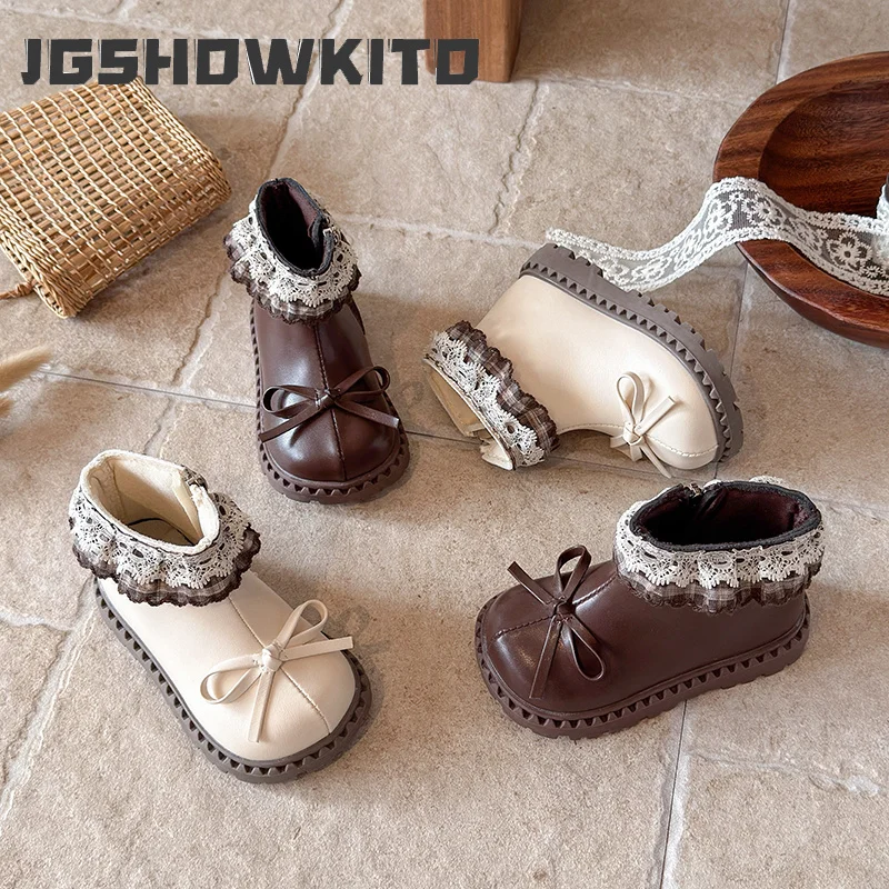 JGSHOWKITO Spring Autumn Girls Princess Ankle Boots Sweet Children Leather Boots with Lace Ruffled Edge Kids Catwalk Short Boots