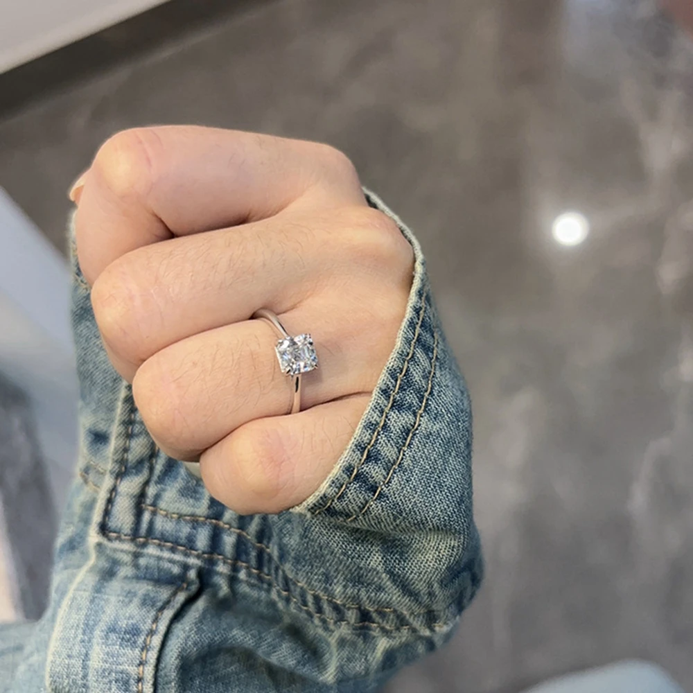 Wong chuva 100% 925 prata esterlina 3ex vvs1 d cor asscher corte 6mm real moissanite diamantes anéis de pedras preciosas jóias finas presentes