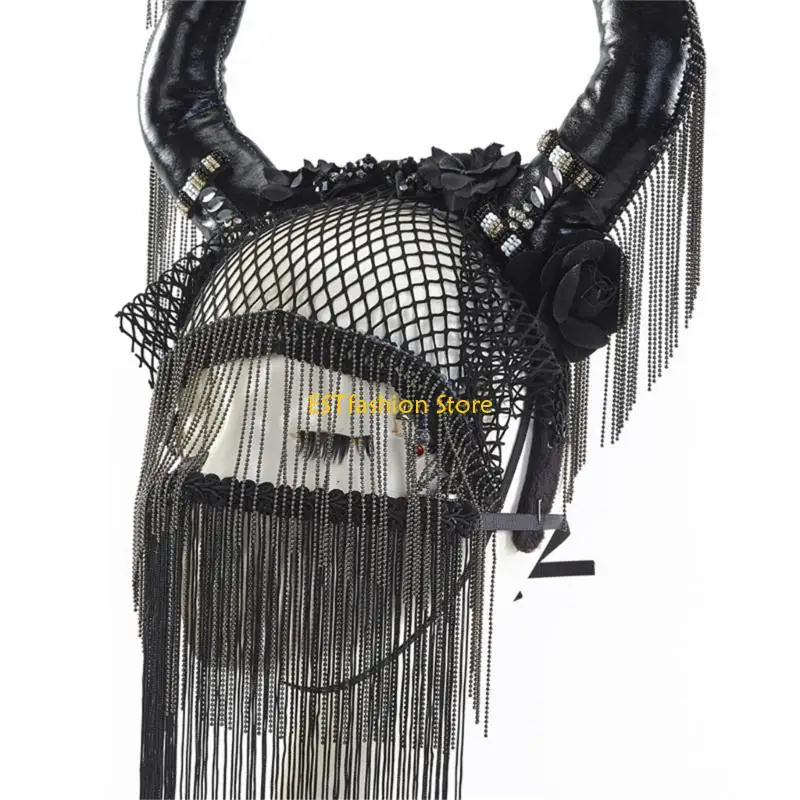 Y5GC Halloween Devil Horns Headband Antelope Devil Horn Tassel Mask Chain For Women