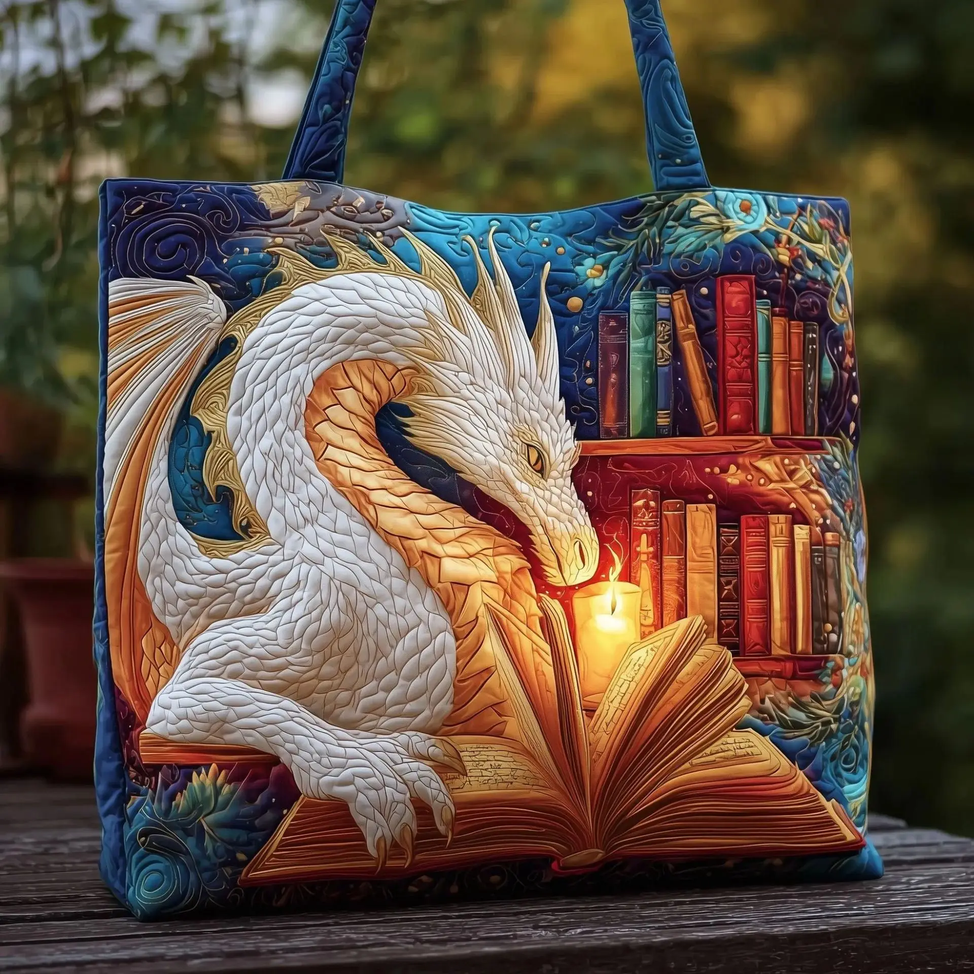 Fantasy Dragon Quilted Print Canvas Tote, Vintage Bookshelf Design Shoulder Bag, Literary Dragon-themed Tote Bag