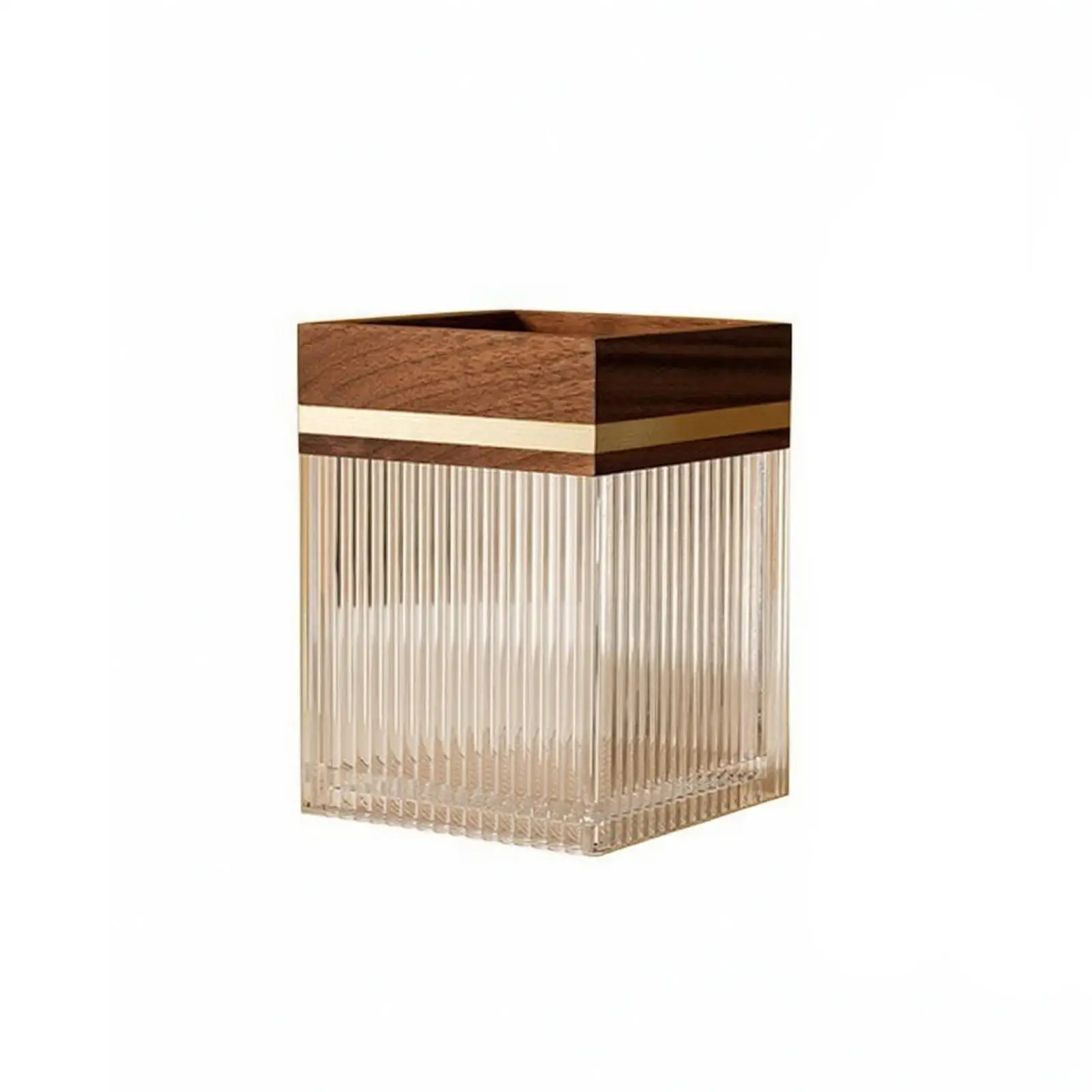 Light Wood Top Clear Fluted Brush Holder Cosmetic Organizer for Vanity Desk Makeup Storage Countertop Space Saving Design