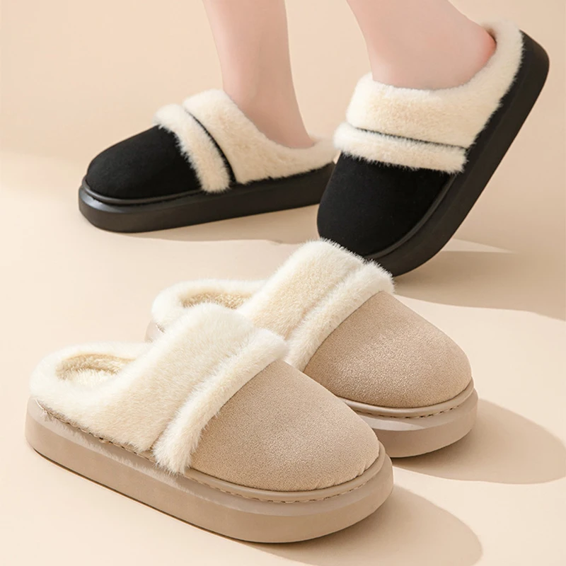 New Fur Slippers For Women Winter Fluffy Fashion Warm Thick Sole Plush Cozy Slides For Home Indoor Platform Cotton Shoes