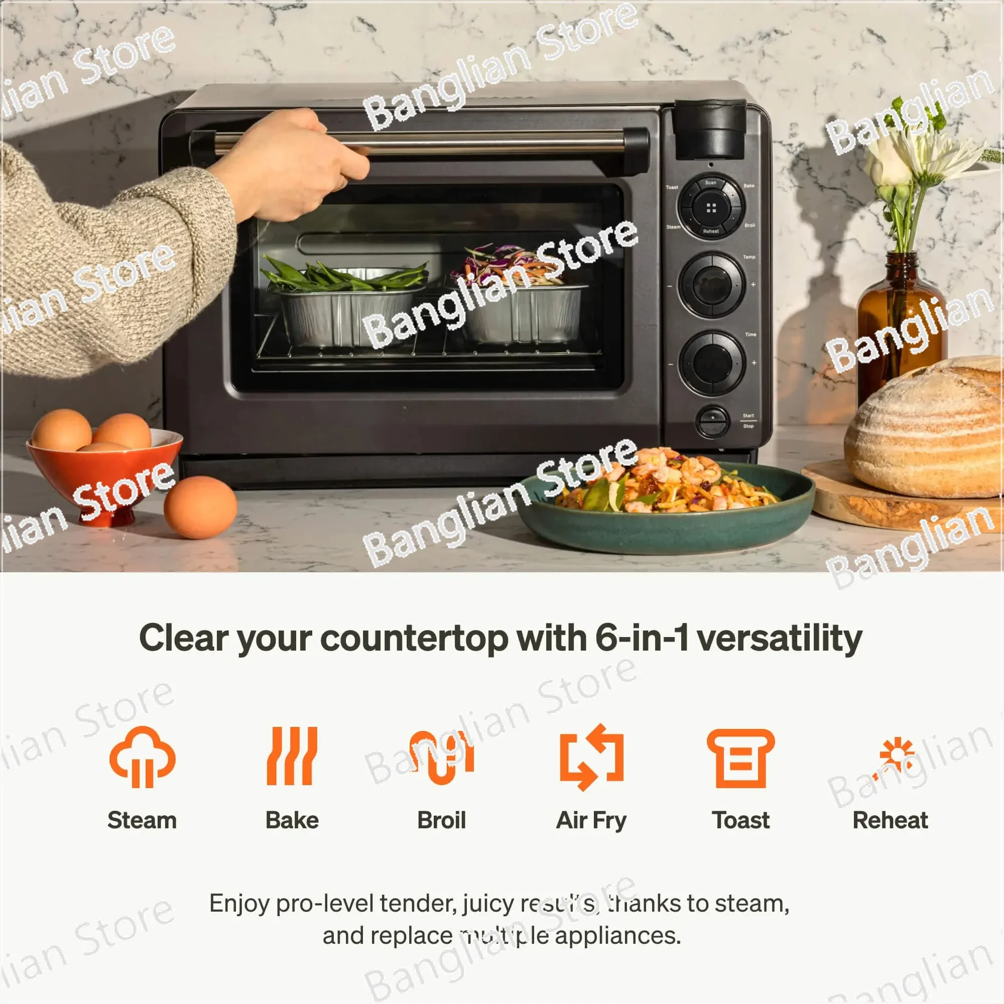 

Smart Oven Pro, 6-in-1 Countertop Convection Oven - Steam, Toast, Air Fry, Bake, Broil, and Reheat - Smartphone Control S