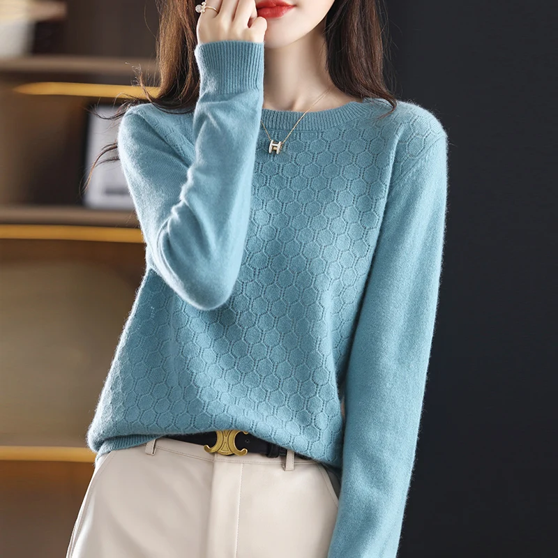 100% Wool Sweater Women Hollow Out Tops Autumn Winter O-neck Long Sleeve Knitted Fashion Female Pullover Casual Clothing Jumper