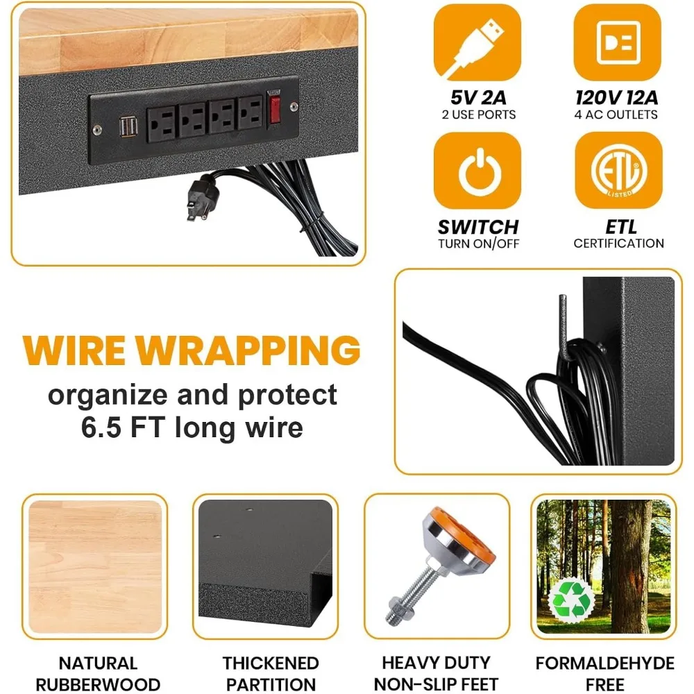 โต๊ะทำงานปรับระดับได้สำหรับงานหนัก พร้อมท็อปไม้ยางพารา ช่องเสียบปลั๊กไฟ ฉากกั้น และรับน้ำหนักได้ 2000 ปอนด์ สำหรับใช้งานในอุตสาหกรรม