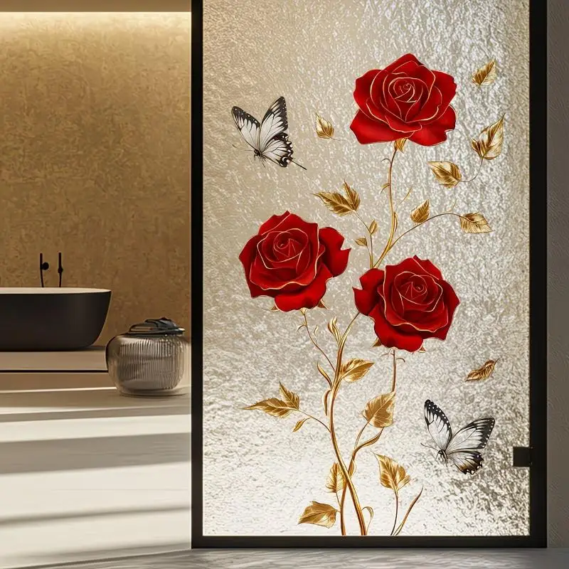 PVC Removable Flower Leaf Glass Wall Decal Self Adhesive Sticker for Glass Partition Door Bedroom Living Room Decor