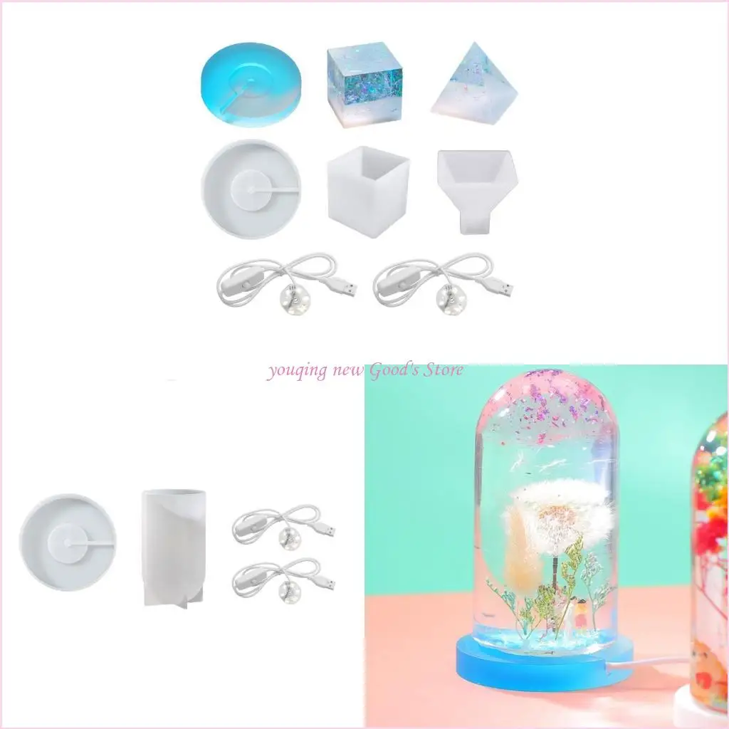 

57QA Cube Cylindrical Resin Silicone Mold Base Bracket Mold with 2 USB Powered Lights with Switch for Diy Crafts Wedding