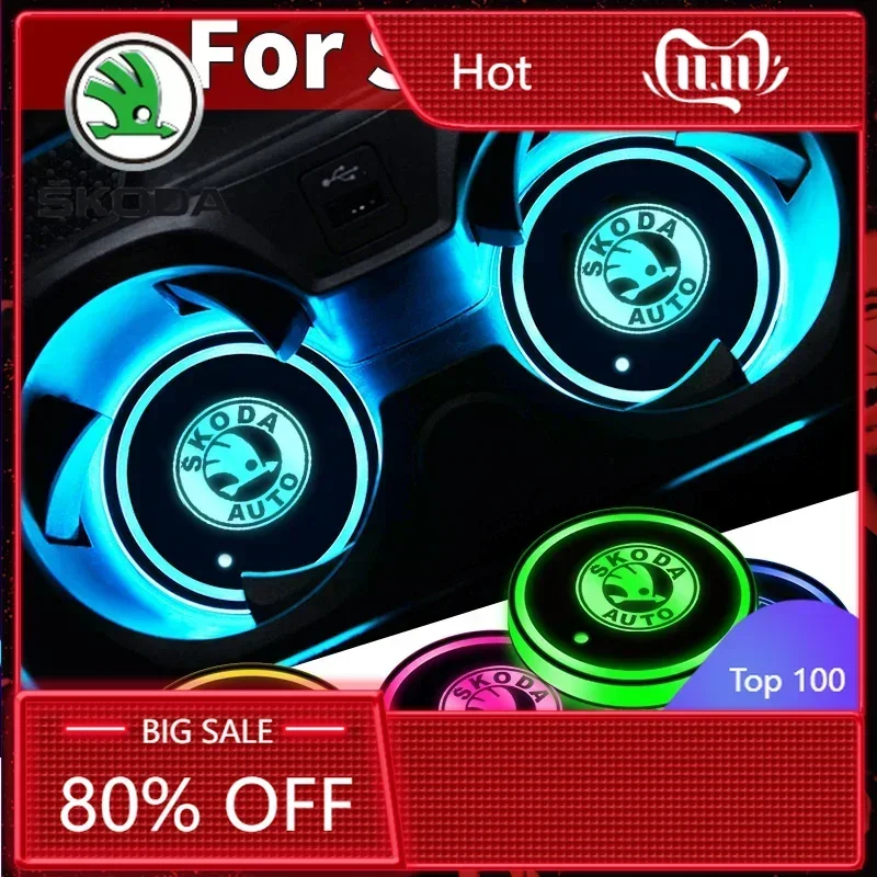 

Car Sticker 2025 New Car Cup Holder LED Light Car Cup Pad Colorful Light Coaster For Skoda Octavia A5 Superb old Febia Roomster