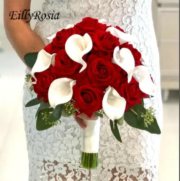 EillyRosia สีแดงดอกกุหลาบสีขาว Calla ลิลลี่สัมผัสจริง Buket Pengantin Elegant Ball งานแต่งงานมือถือประดิษฐ์ดอกไม้งานแต่งงาน