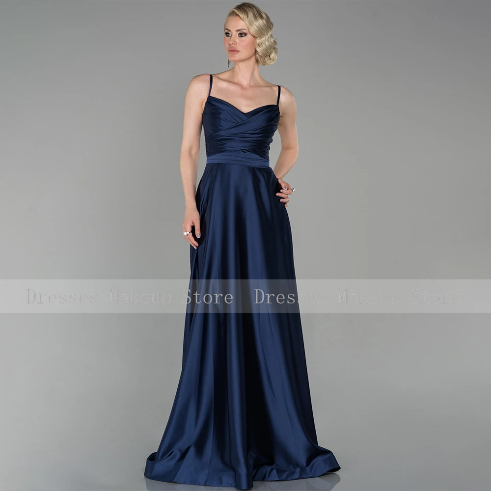 Vestido de noite feminino azul escuro de cetim, cintos de espaguete, cinto longo, linha A, vestido de casamento simples