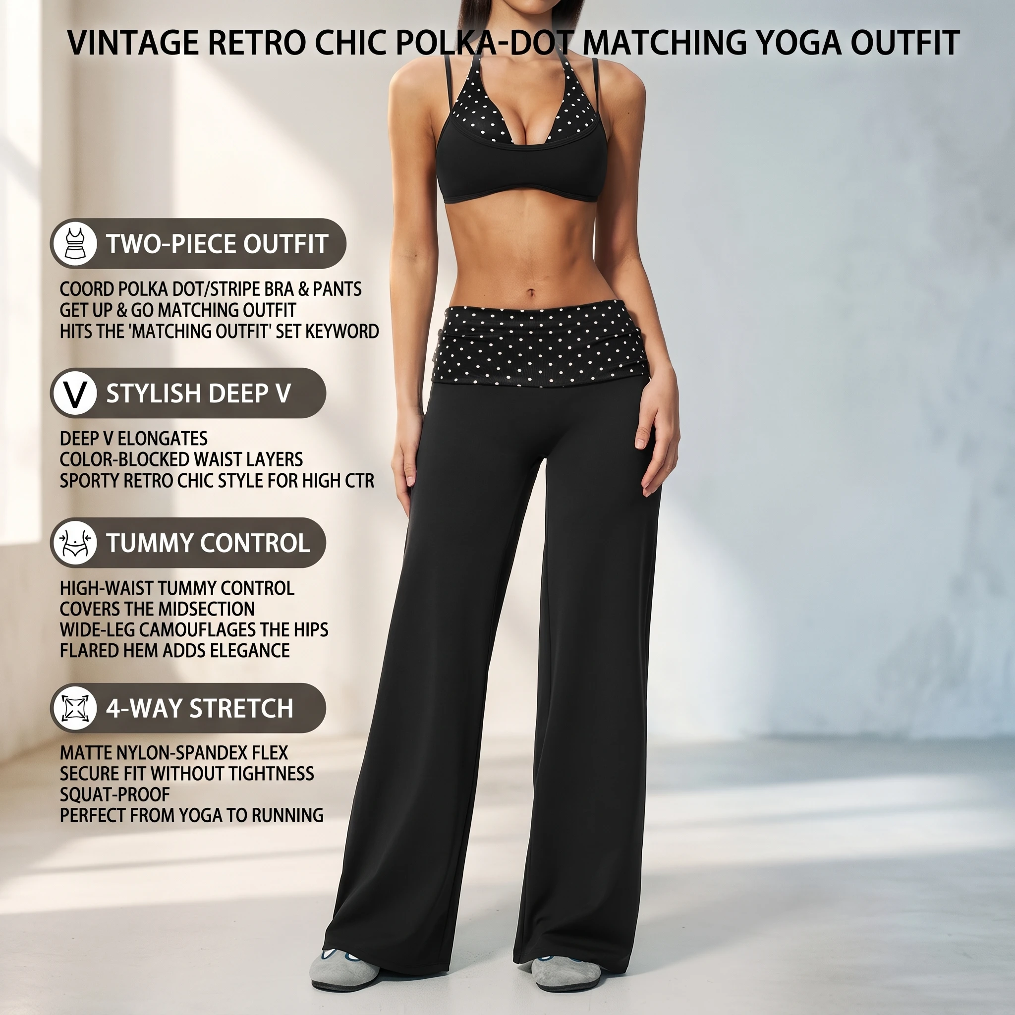 Yoga Set Women 2 Piece Outfit, Halter Bra & Bootcut Pants Polka Dot Striped, High Waist Tummy Control Workout Activewear