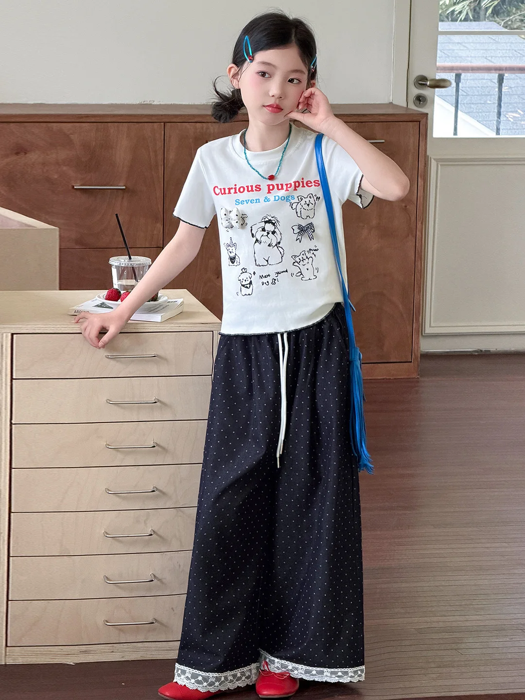 女の子向けサマーコーデ-2026新作-水玉模様シルクデニムパンツ-半袖tシャツ-韓国風ツーピースセット-軽量プリント