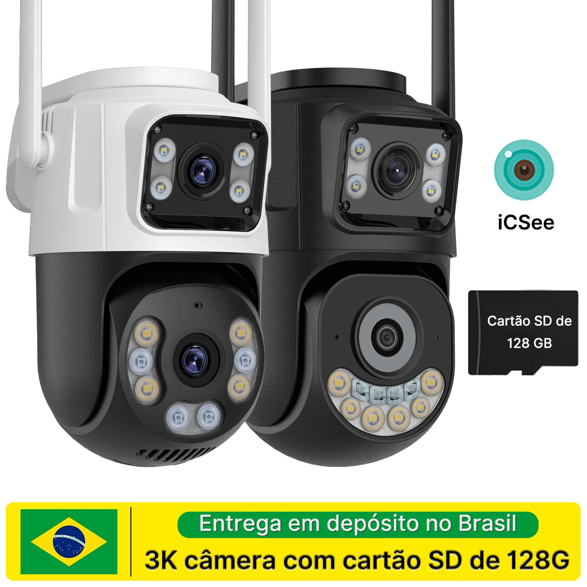 P3 Câmera IP de segurança externa iCsee com duas telas, Wi-Fi, PTZ e rastreamento automático para vigilância por vídeo CCTV