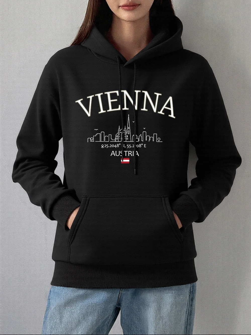 Vienna Austria Flag Printing Hoodies Women Casual Loose Sweatshirt Basics Pocket Pullovers Winter Fleece Warm Womans Clothes