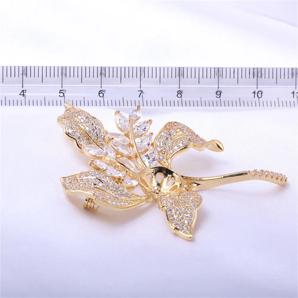 DIY Pearl Accessories with Empty Copper Plated 18K Gold Large Flower Zircon Exquisite Jade Agate Brooch Temperament