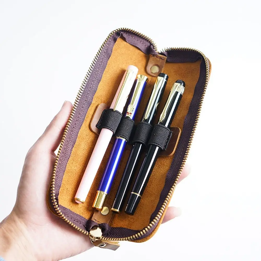 

Portable Handmade Pencil Case Zipper Closure Compact Vintage Pencil Case Cowhide Retro Pen Protective Sleeve Business