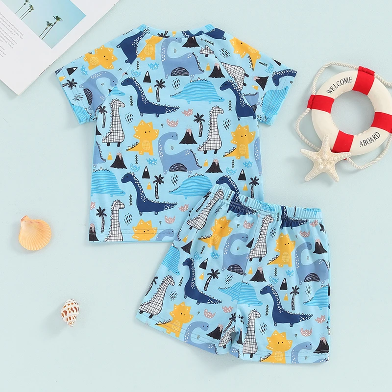 Baby Boys Swimsuit Set Summer Dinosaur Printed Short Sleeve Rash Guard and Swim Trunks Swimwear Beachwear