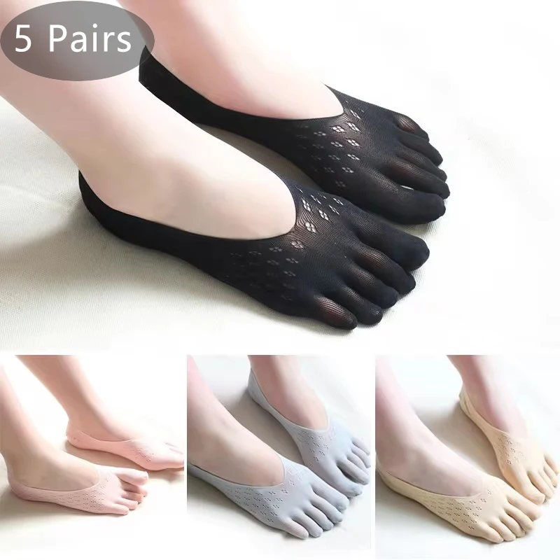 5 Pairs Summer 5 Finger No Show Socks Woman Nylon Solid Thin Mesh Breathable Shallow Mouth Deodorant Invisible Toes Silk Socks