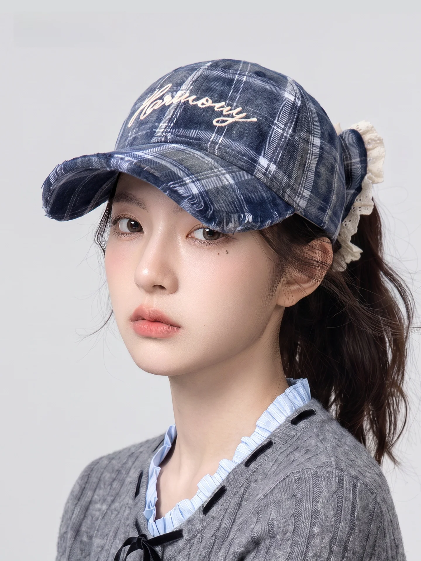cacuss-autumn-winter-plaid-women's-baseball-cap-embroidered-knot-bowler-hat-face-slimming-non-folding-bendable-brim