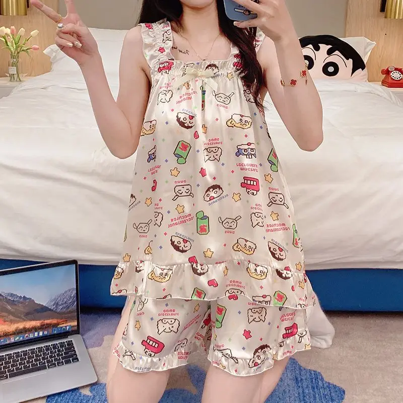 

Kawaii Women's Crayon Shin Chan Satin Cami Pajama Set, Cute Ruffle Trim 2 Piece Sleepwear, Soft Summer Loungewear Anime Homewear