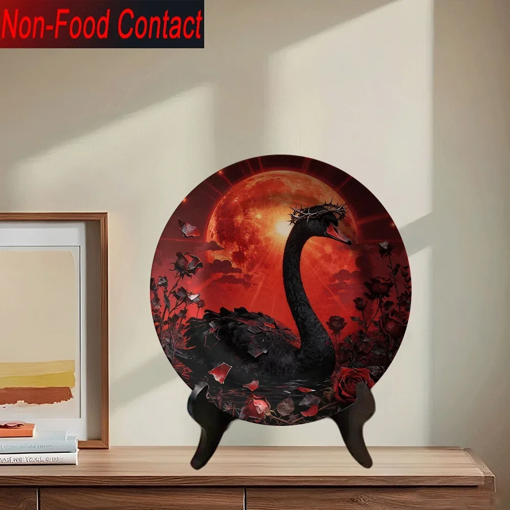 1pc Gothic Black Swan & Red Rose Ceramic Plate with Crown of Thorns & Blood Moon - Elegant Round Non-Food Contact Serving Tray