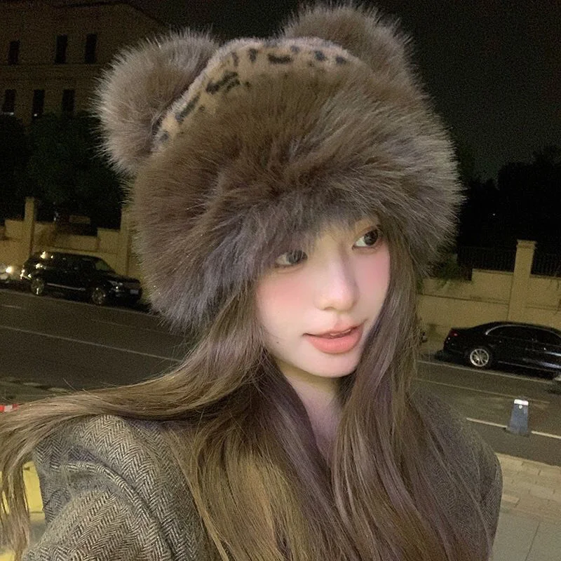 

Vintage Leopard Print Plush Hat Women Autumn And Winter Cute Little Bear With Thick Warm Ears Faux Fur Ear Protection Winter Hat