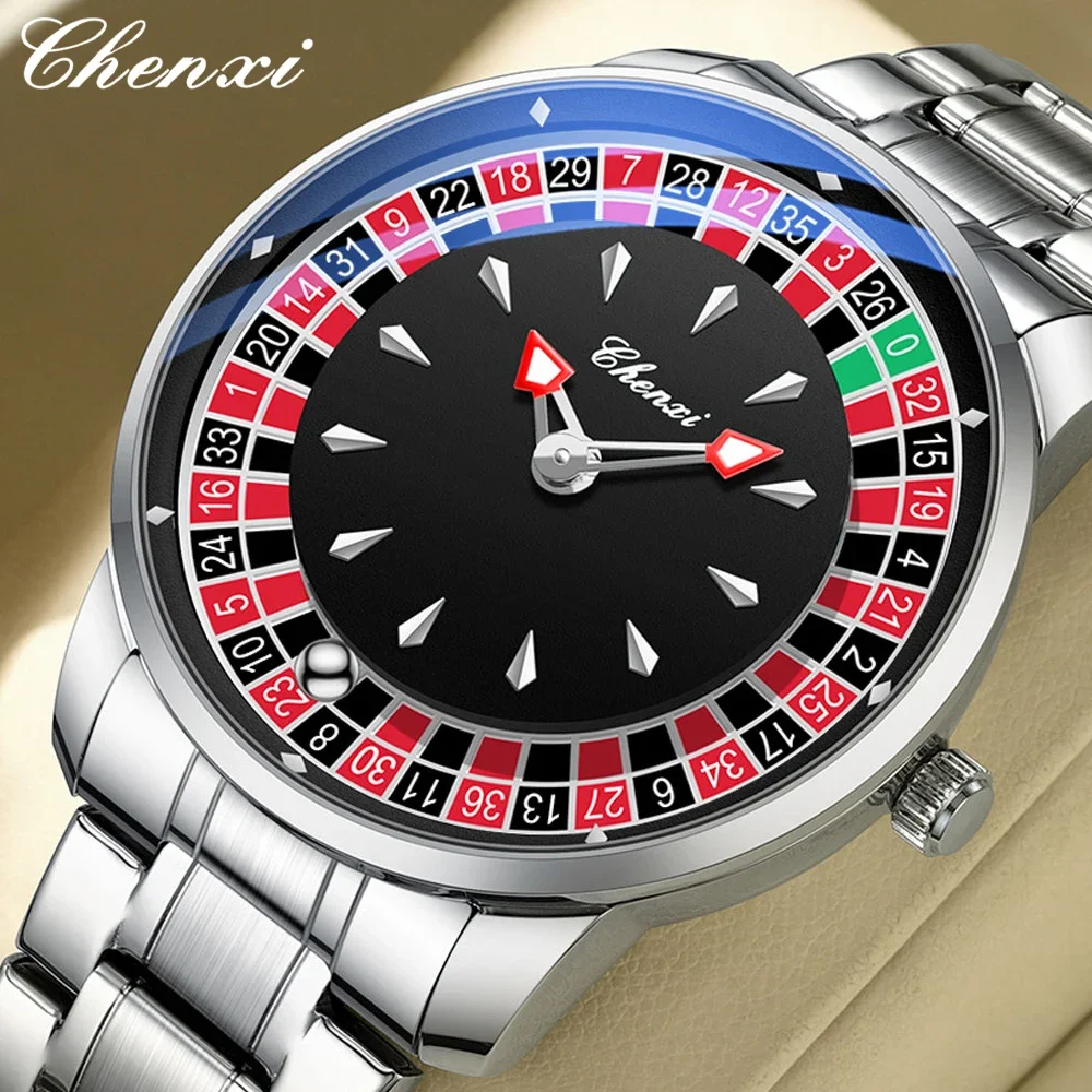 CHENXI Roulette Rotating Dial Men Quartz Watch Arabic Numerals Waterproof Luminous Hands Male Wristwatch Gift Reloj Hombre