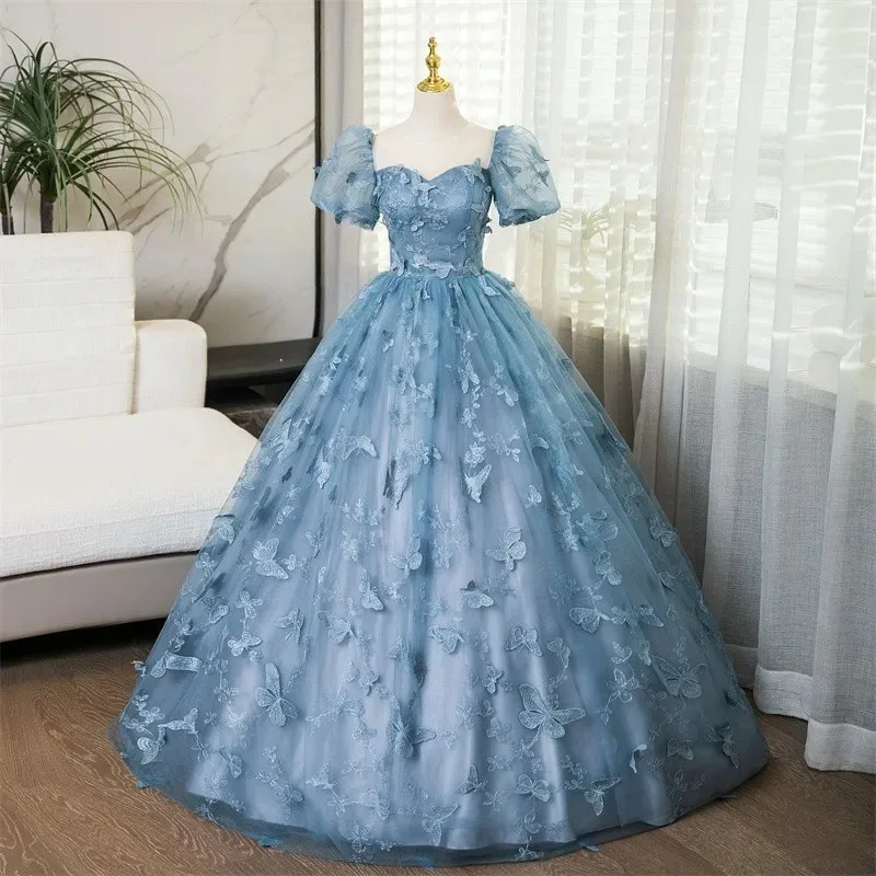 

2026 New Women's Grey Blue Banquet Embroidered Evening Dress Fashionable Slimming Performance Annual Meeting Host Puff Skirt